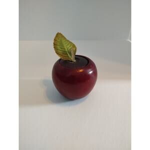 Red Wooden Apple Trinket Box Turned Carved Leather Stem Rustic Farmhouse Art